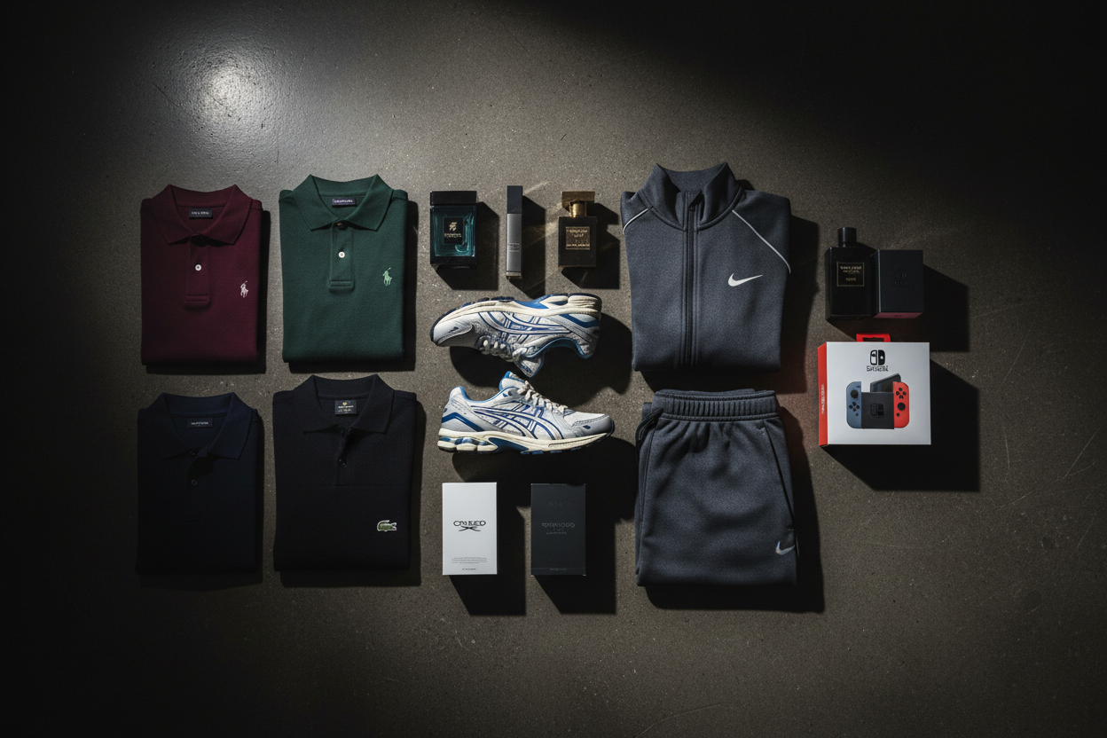Resale flat-lay with ASIC Gel Kayano 14s and Nike Miller Sets